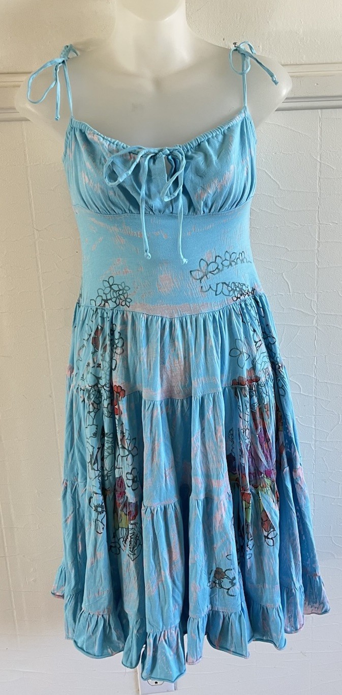 Vtg 1990s Y2K Butterfly Dropout Tiered Turquoise Tattoo Print Mini Dress-XS USA
