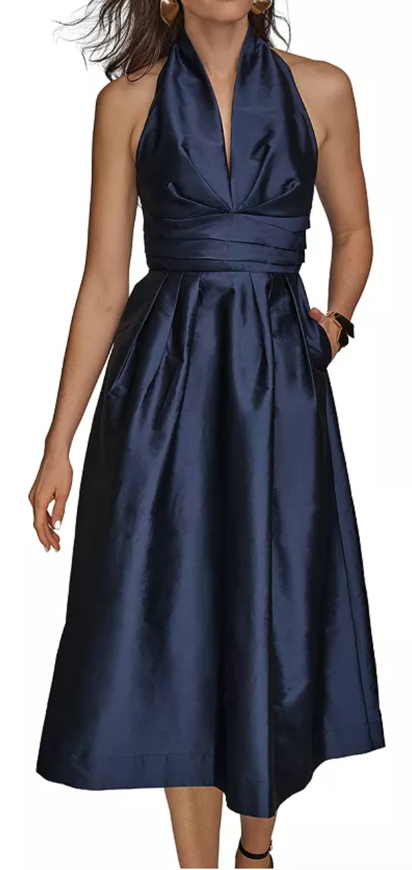 NWT Donna Karan NY A-Line Halter Midi Lined Dress, 10, Taffeta Blue, $229