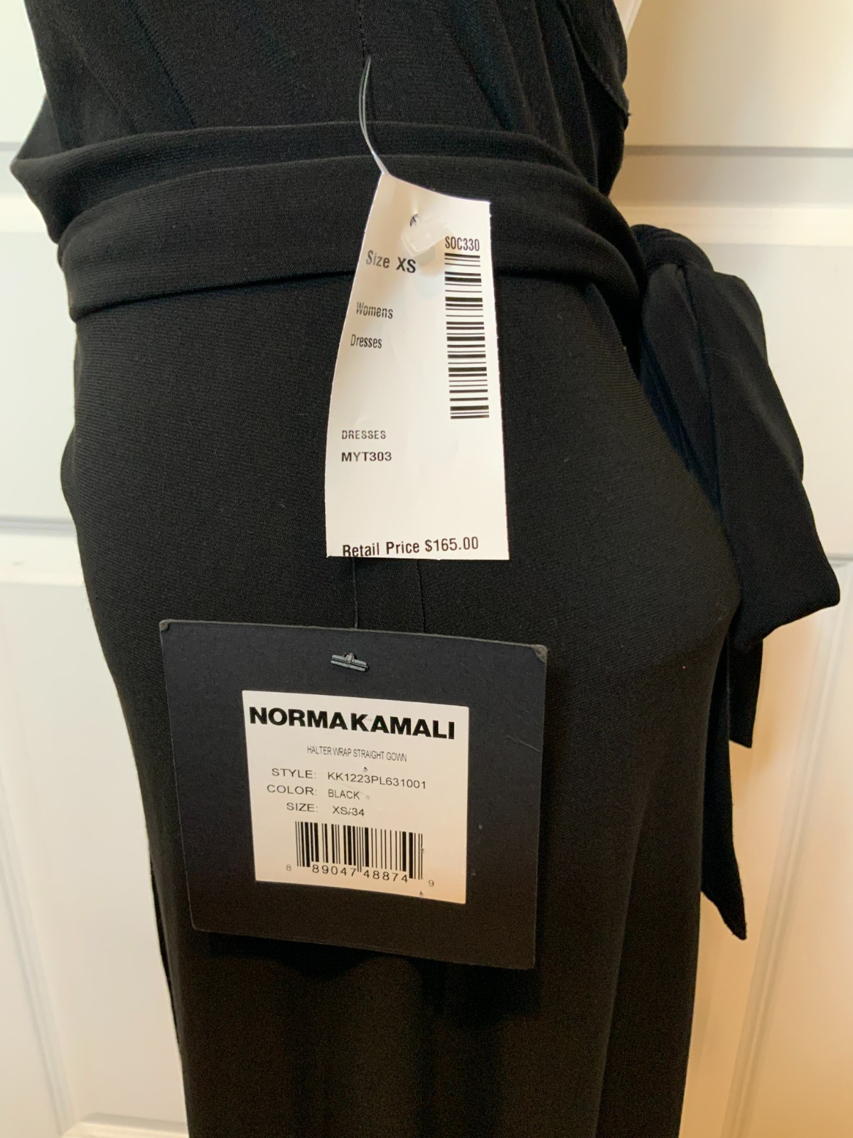 Norma Kamali Black Halter Wrap Straight Gown Dress, Size XS | 34, NWT! $165