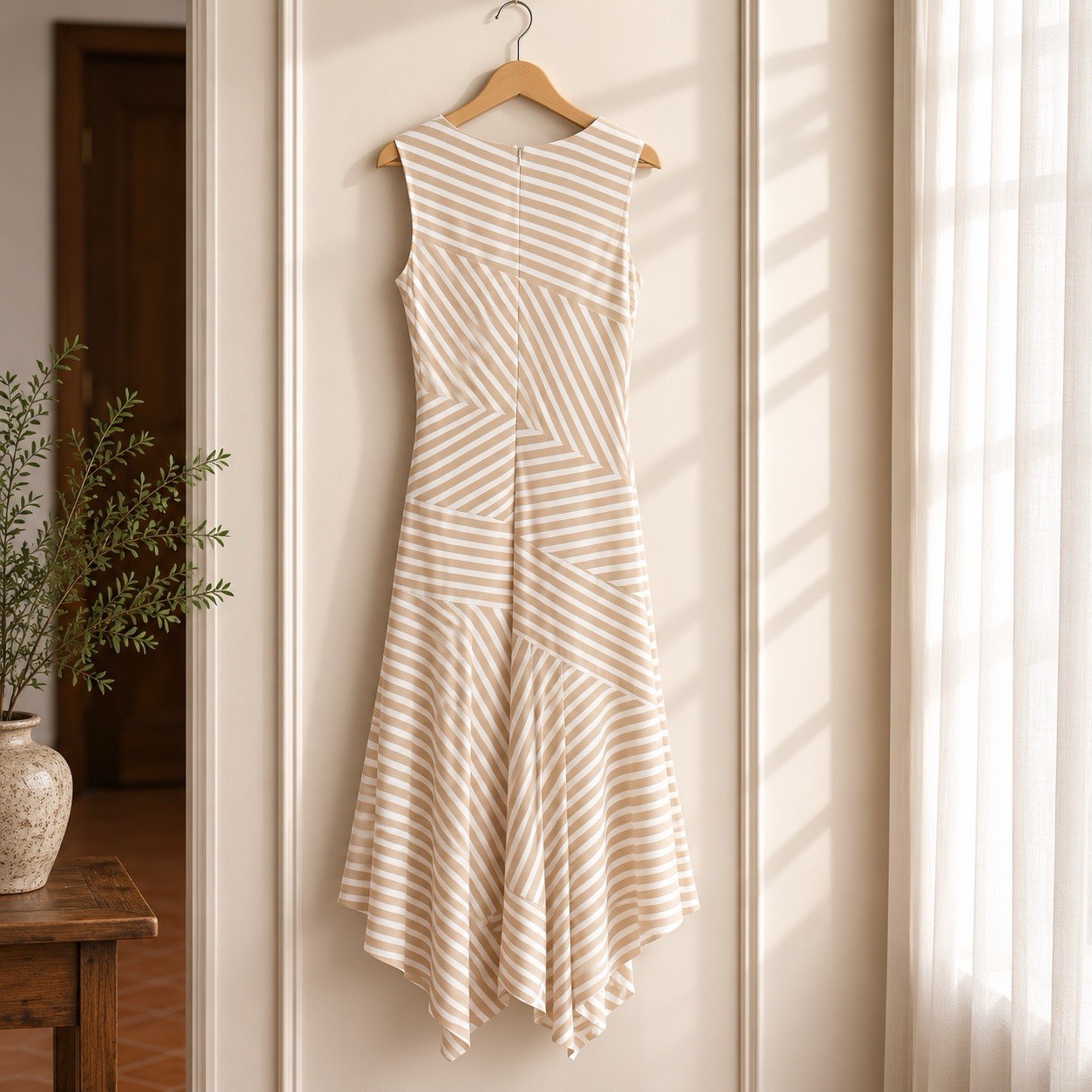 Calvin Klein Beige/White Striped V-Neck Sleeveless A-Line Midi Dress S