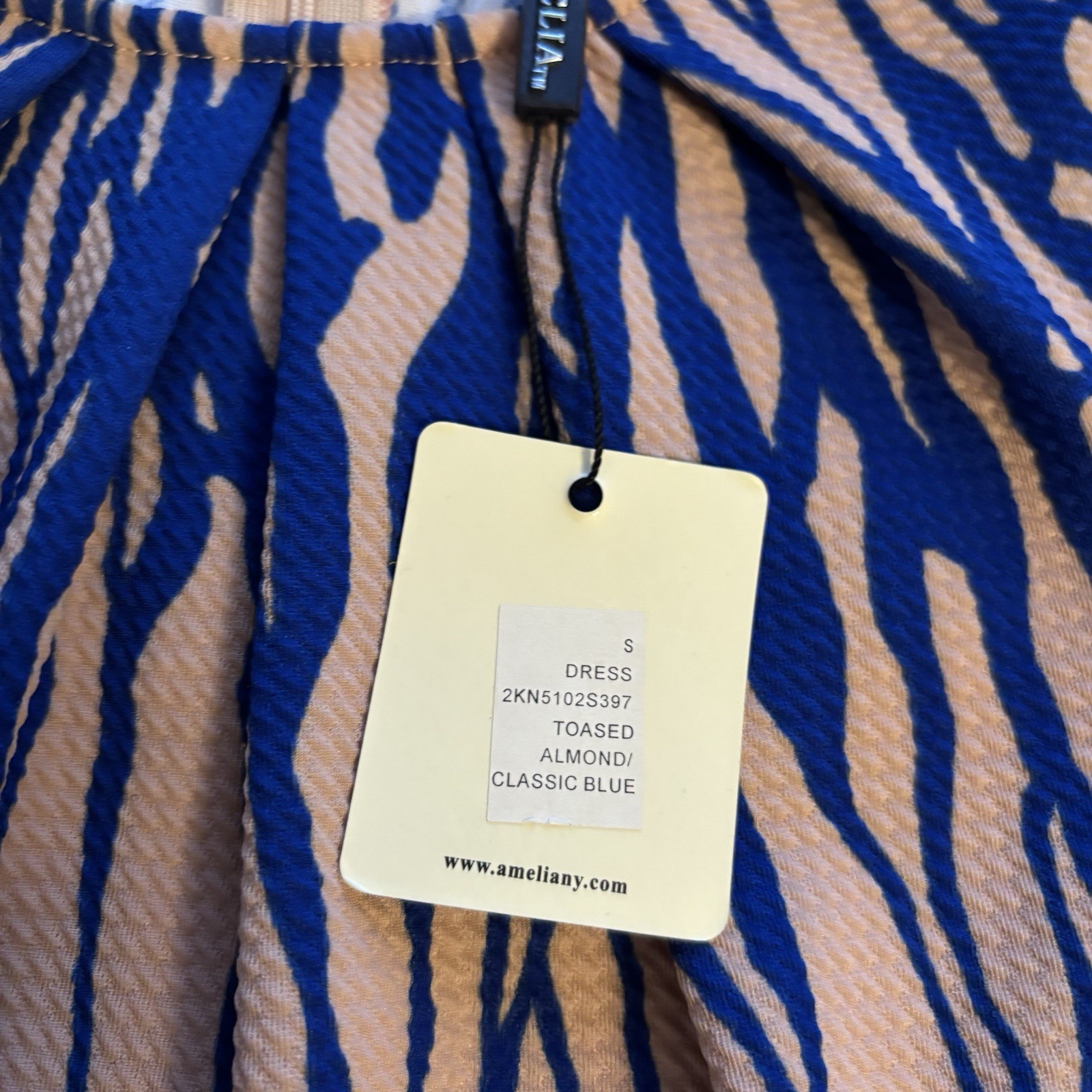 Amelia Women’s Dress Multi Color Pattern Toasted Almond Blue Size Small NEW
