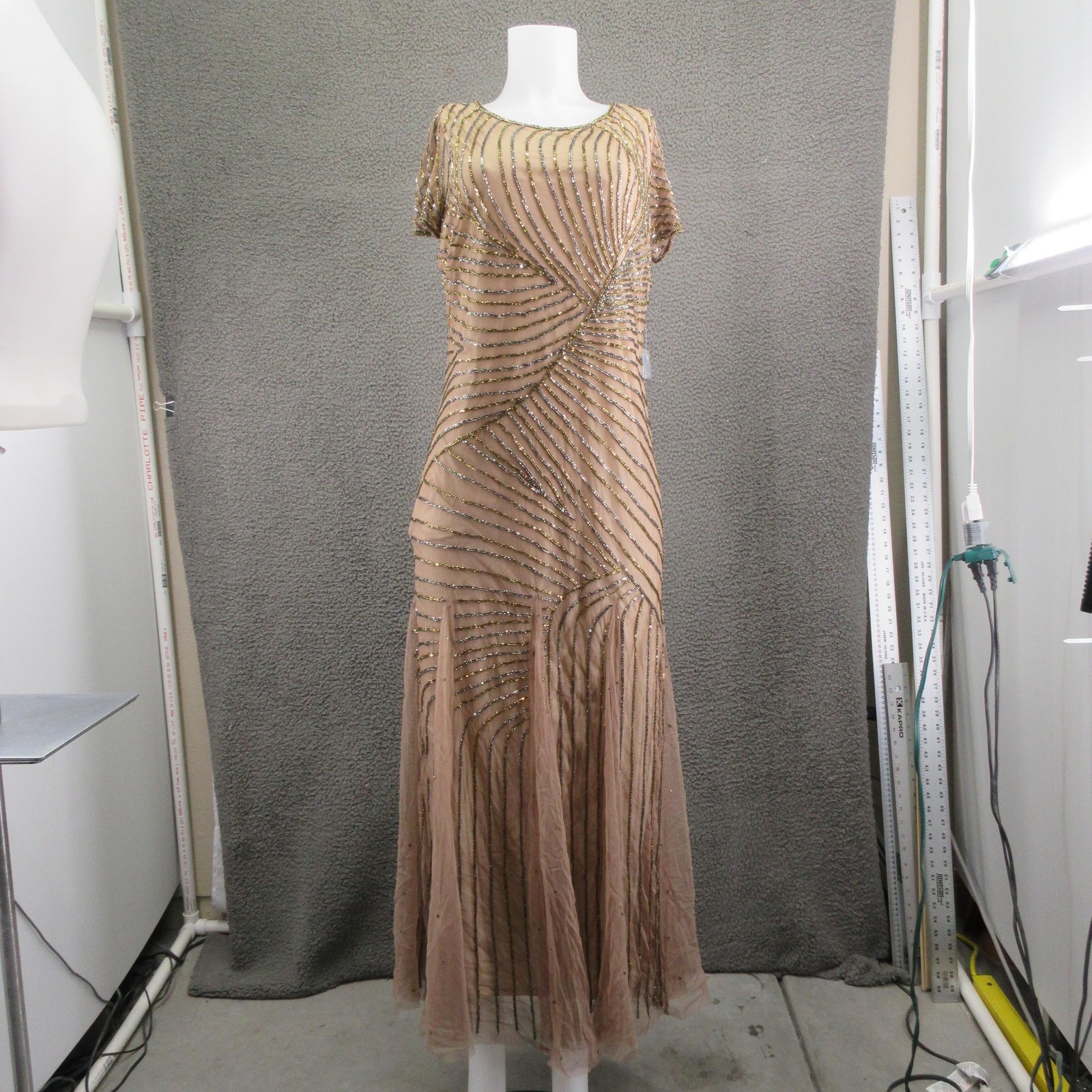 Pisarro Nights Dress Womens 16 Nude Beaded Mesh Gown Formal Evening Maxi