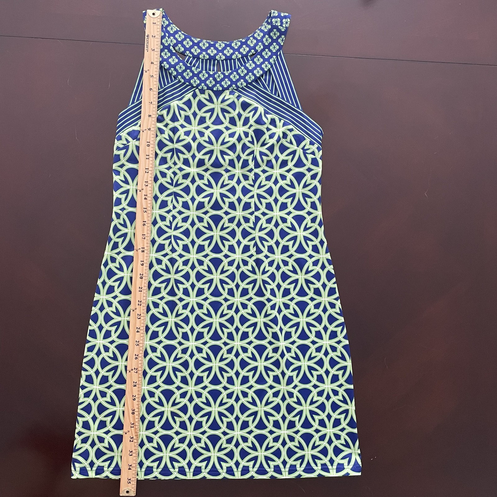 Gretchen Scott Isosceles Biltmore Shift Dress Green Blue M Stretch Knit Preppy