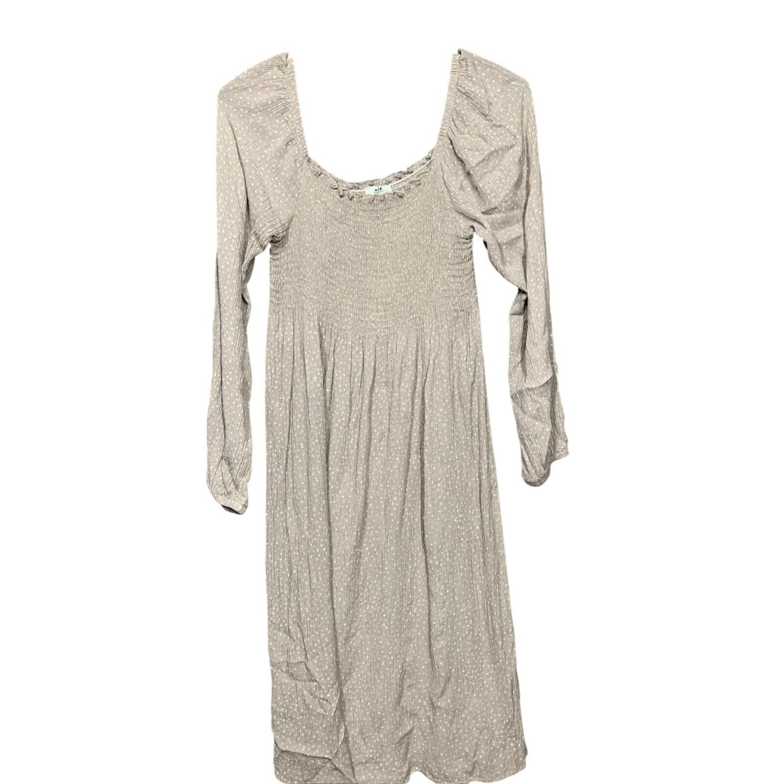 NLT Smocked Midi Dress WomensMedium Tan Polka Dot Square Neck Long Sleeve ND7263