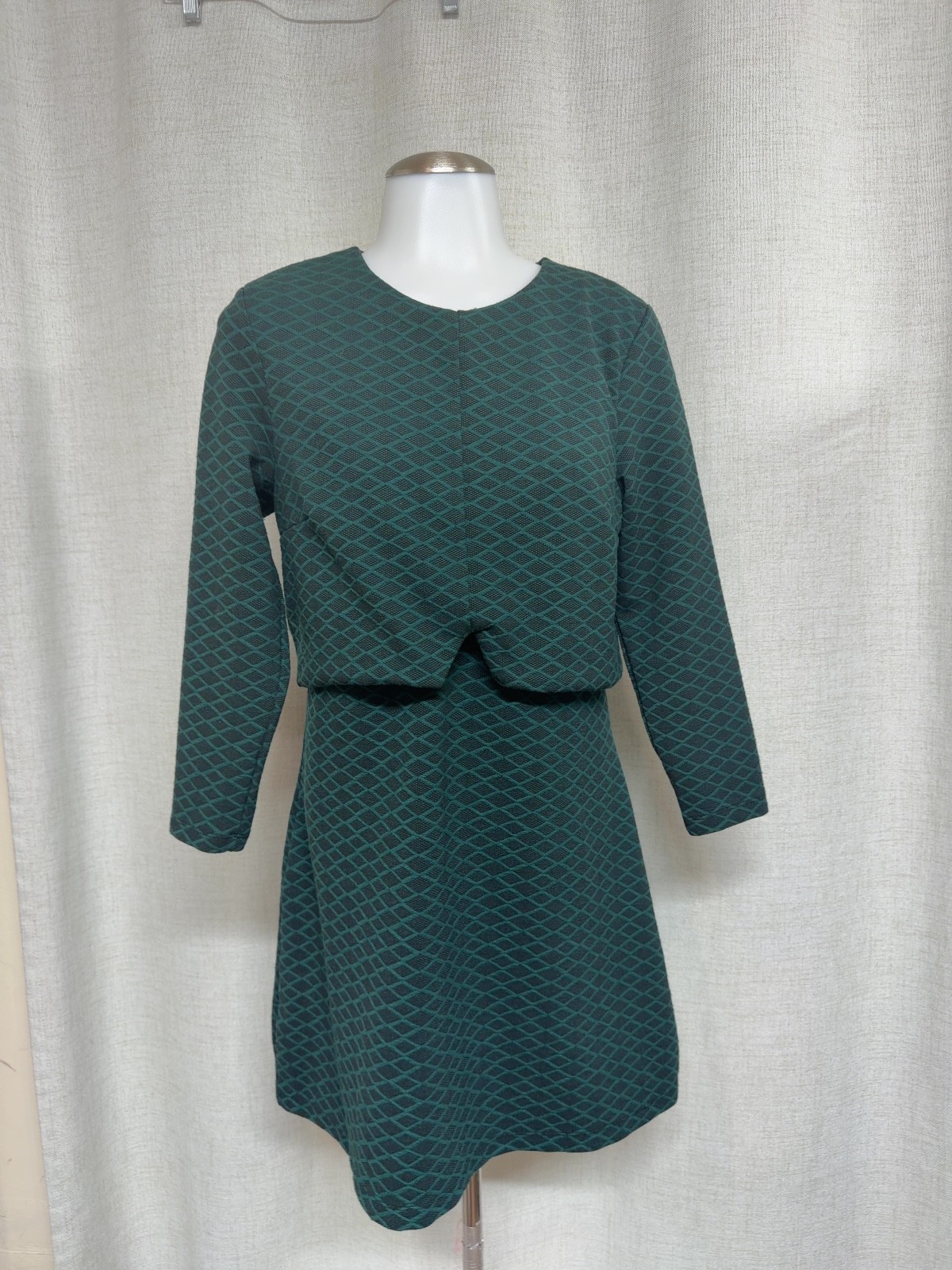 TOPSHOP Green Black Diamond Quilted Geometric Long Sleeve Dress Sz 8
