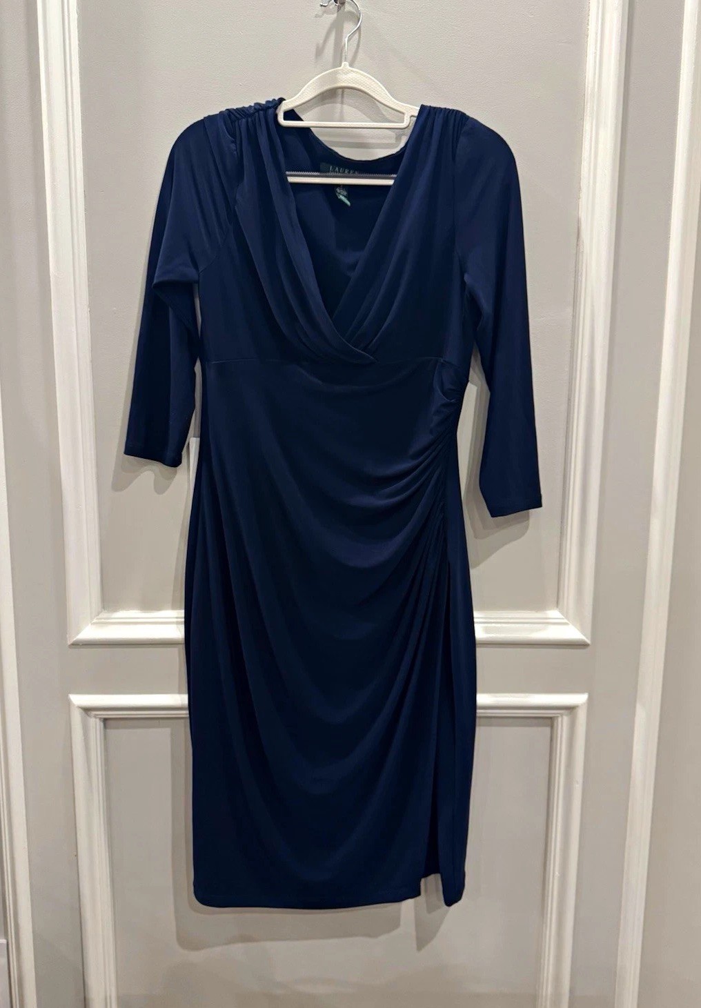 Lauren Ralph Lauren Navy Blue Wrap Ruched Cocktail Sheath Dress Drape Neck 8