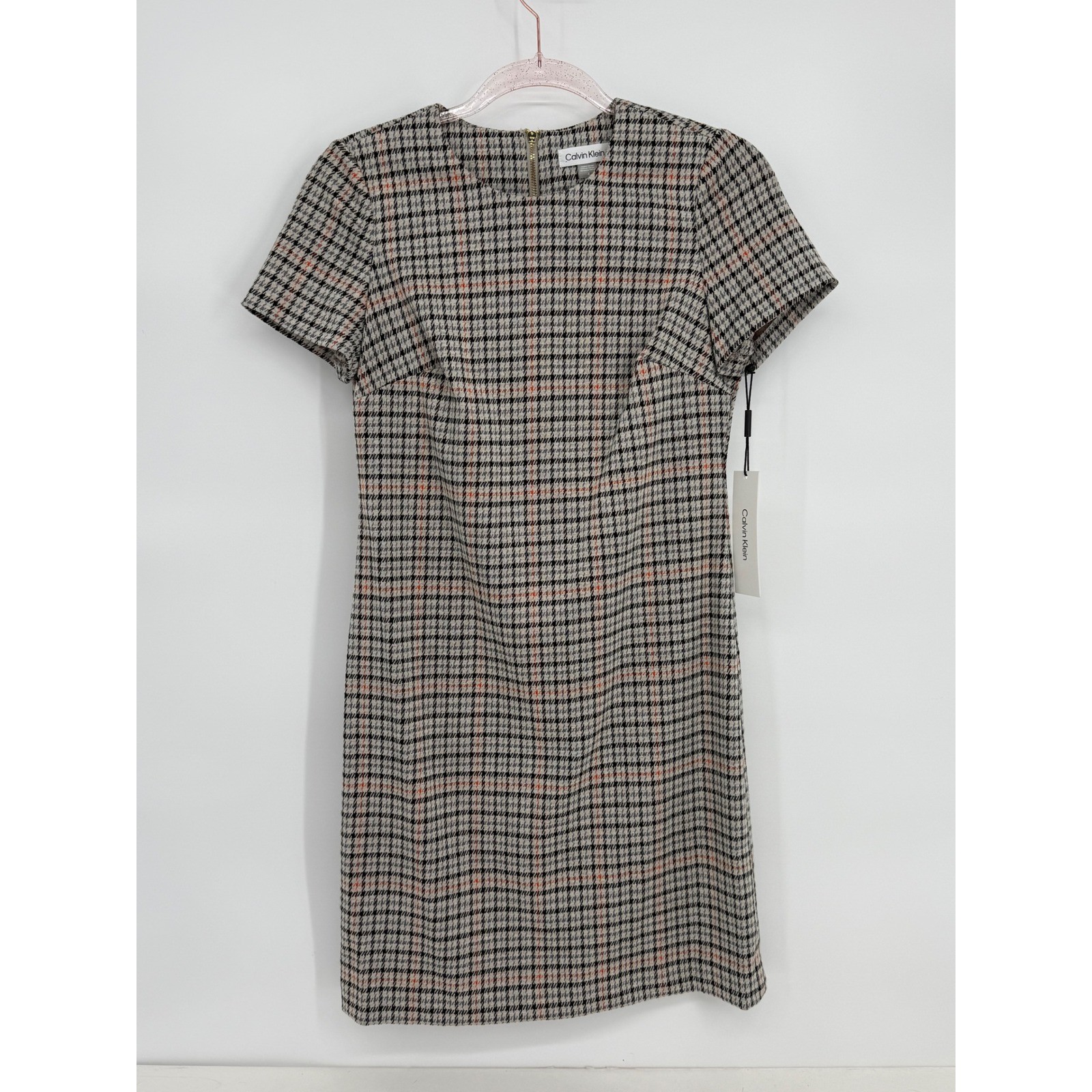 Calvin Klein Houndstooth Sheath Dress Short Sleeve Zipper Back Womens Size 4 NWT