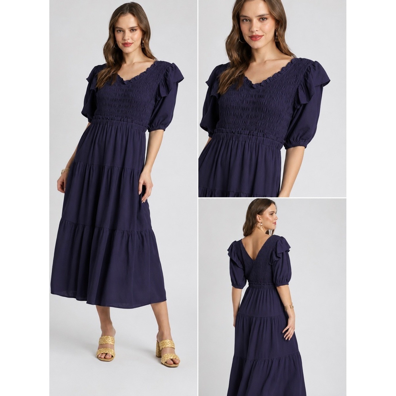 Umgee Deep Navy Tiered Smocked Midi Dress Size Small NEW Style K7822