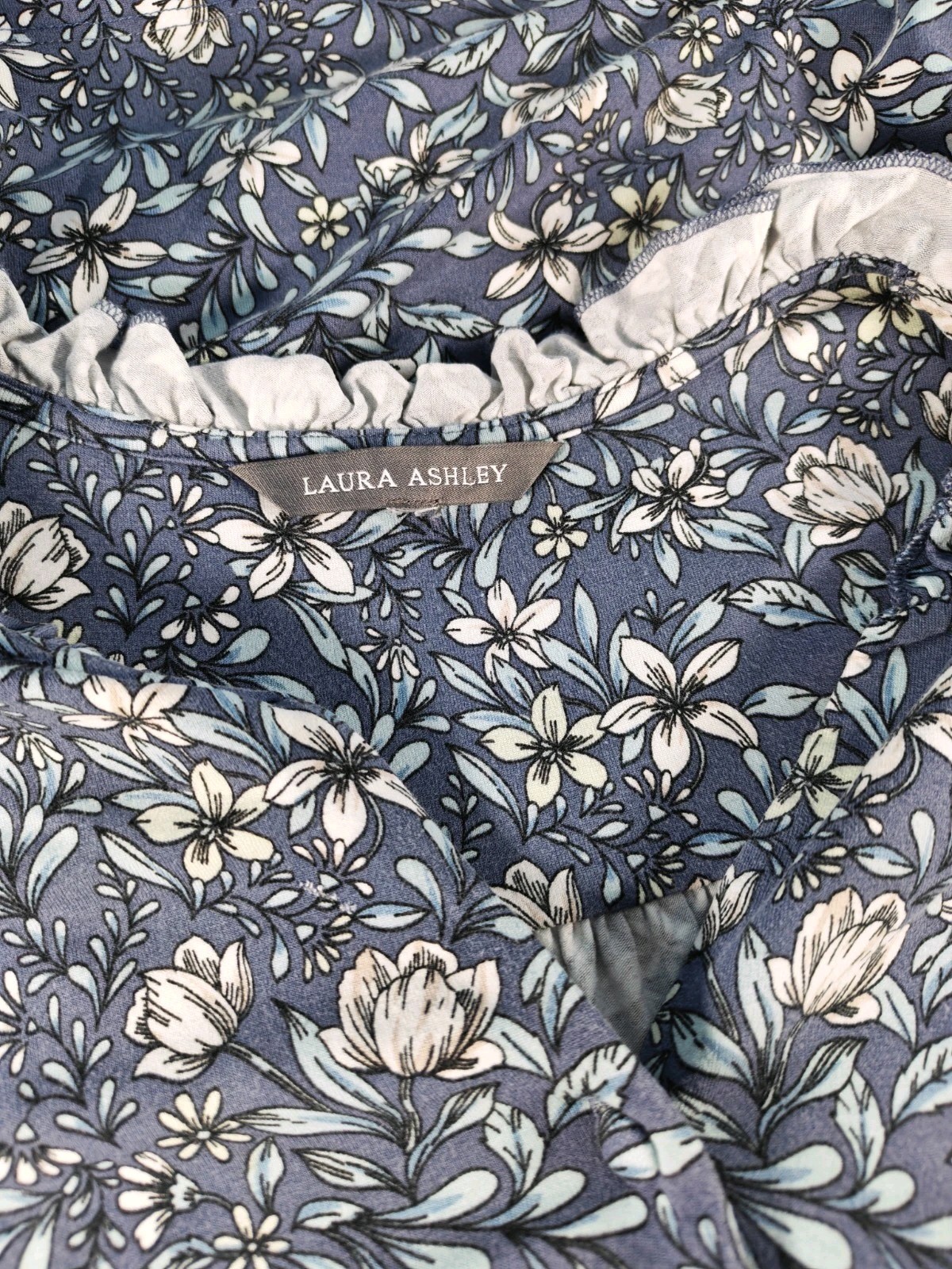 Beautiful Laura Ashley Blue Floral Stretch Frill Dress Waist Tie Belt UK 18