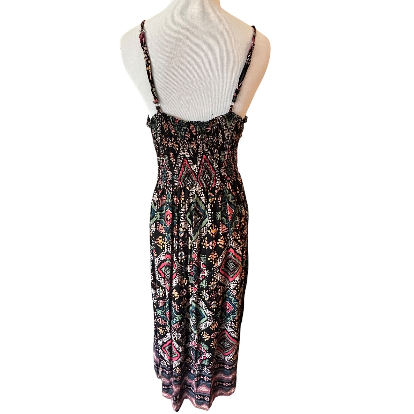 Angie Aztec Maxi Dress Womens Large Black Cut Out Twist Front Smocked Back Boho
