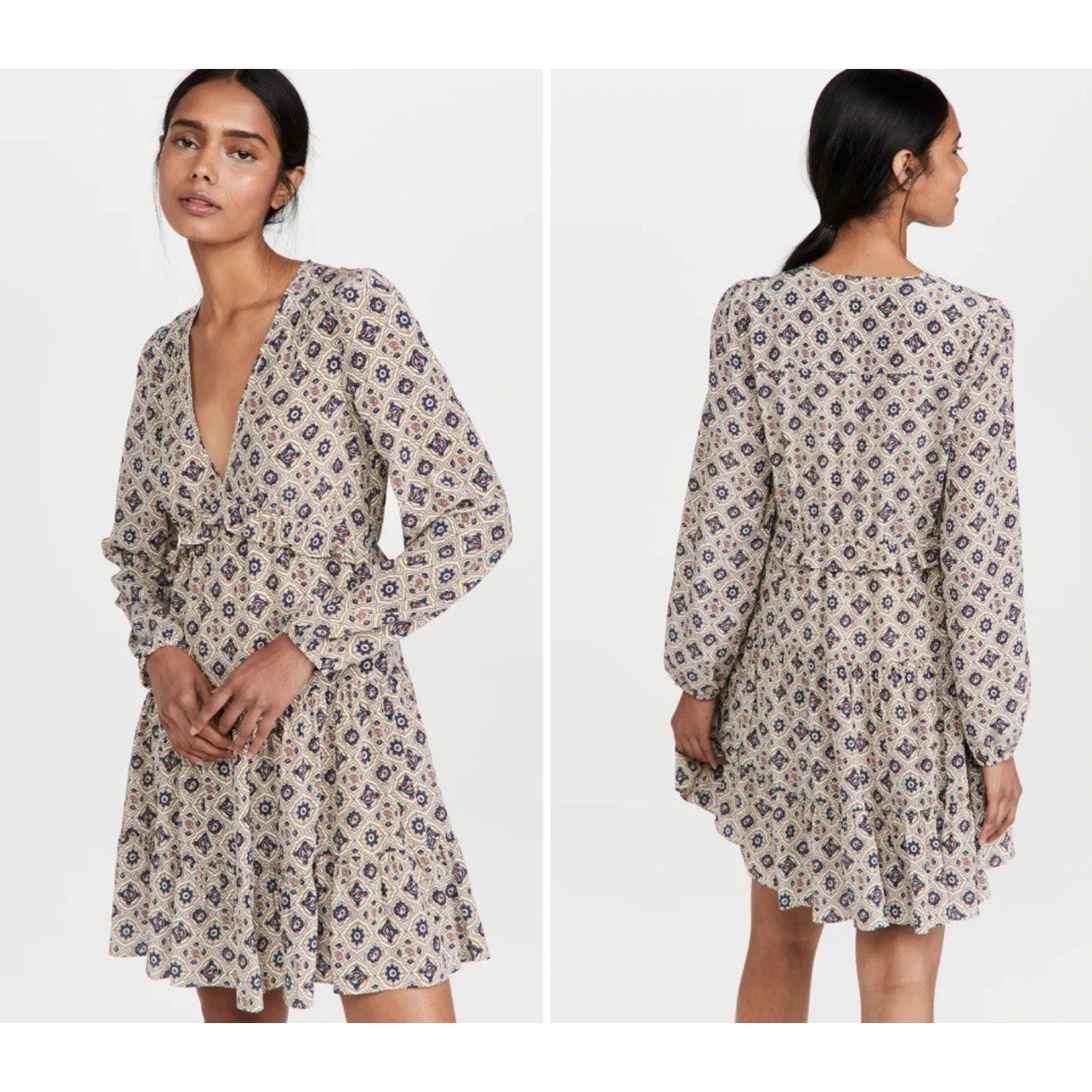 Veronica Beard Size 4 Delray Long Sleeve 100% Silk Mini Dress Peasant Boho B22