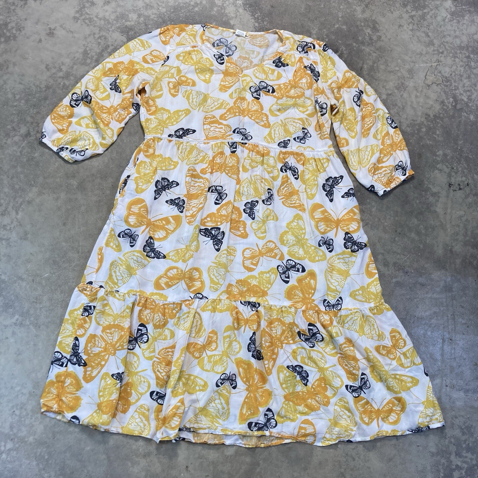 Sweet Magnolia Dress Womens Size XXL Yellow Butterfly Print Midi V Neck 90s Boho