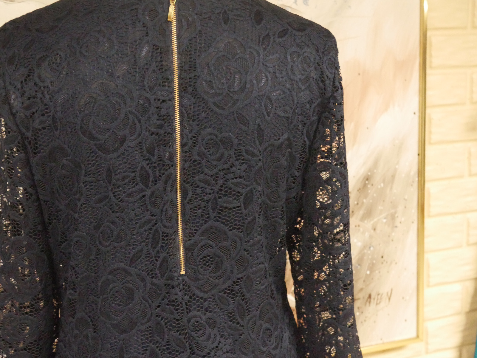 EUC ELEGANT LIZ CLAIBORNE SZ 10 BLUE LACE DRESS SHEER 3/4 SLEEVES / BOTTOM TIES