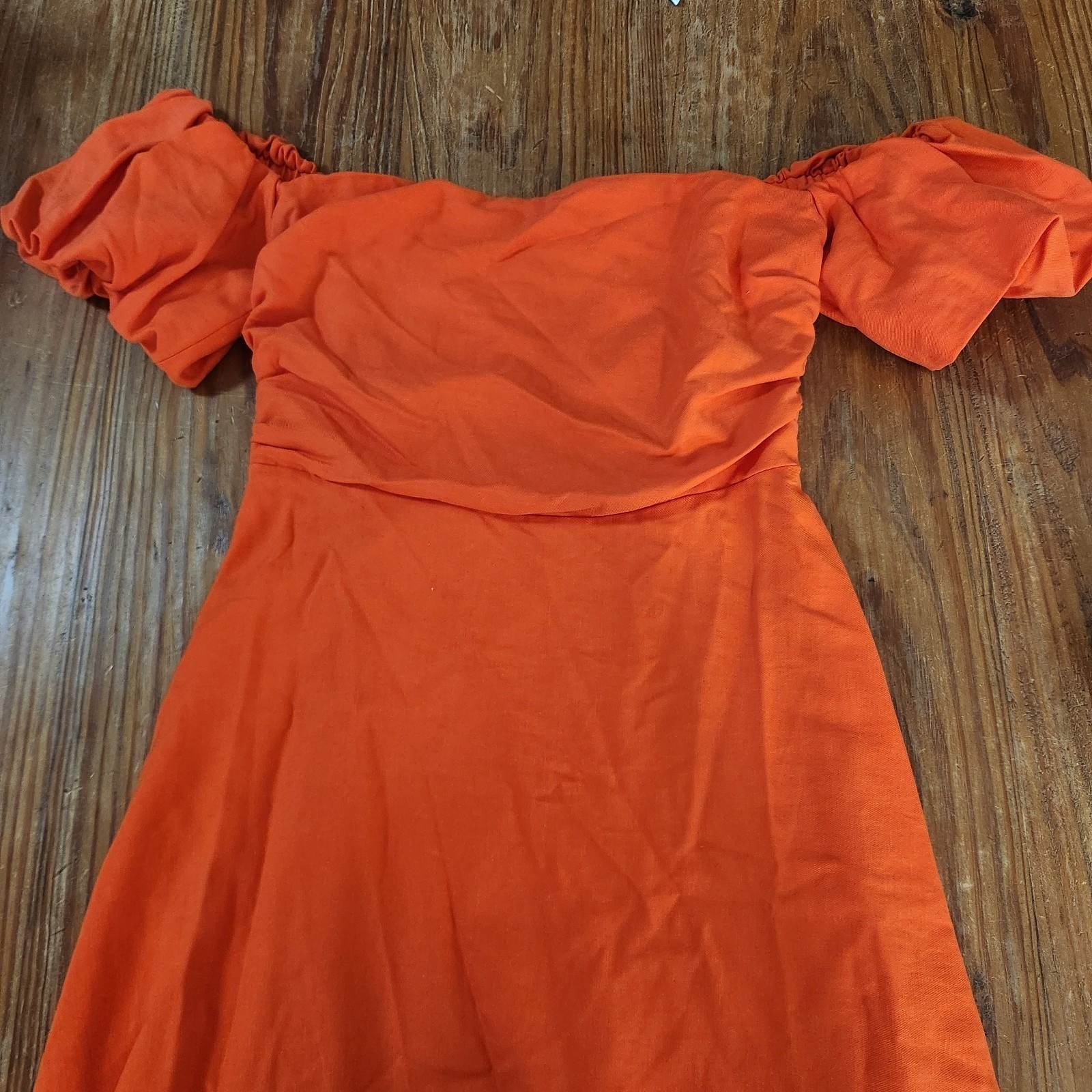 Reiss Shona Puff Sleeve Off-Shoulder Midi Dress Orange Linen Blend Sz 8 Smocked
