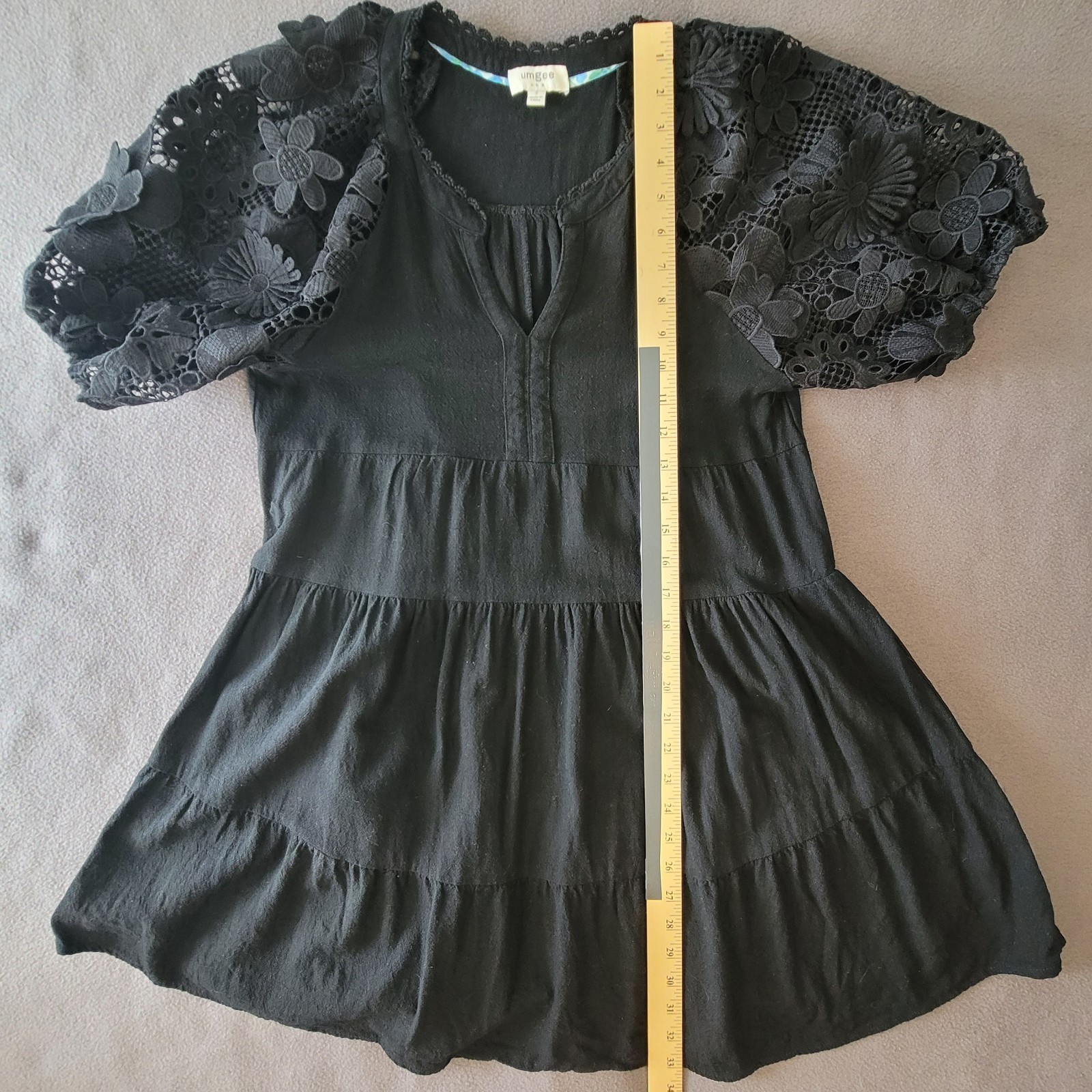 Umgee Boho Black Tiered Babydoll Dress Tunic Floral Crochet Lace Puff Sleeve