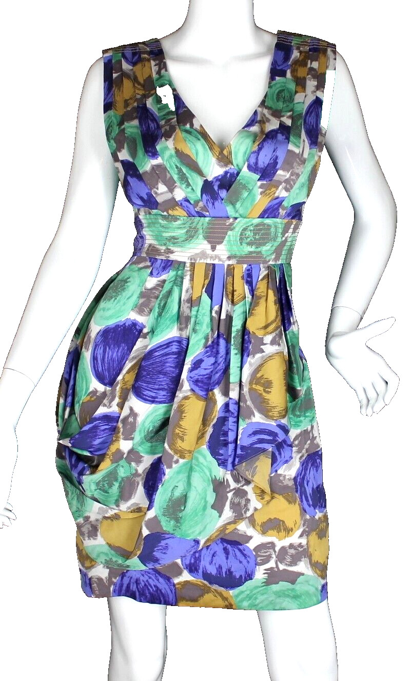 {BCBG} Dress Blouson ~ S Multicolor Pattern Pleated Silk Lined Zip Summer