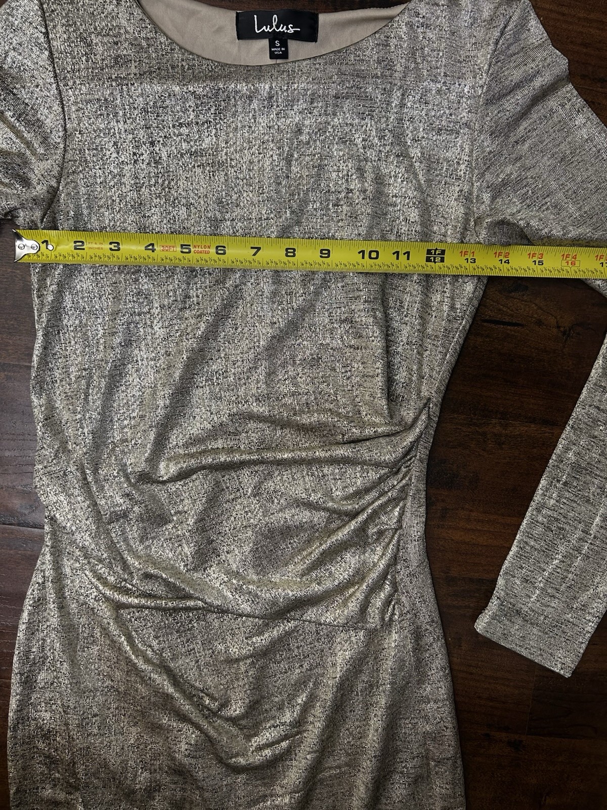 Lulus Silver Metallic Ruched Lined Stretch Boat Neck Long Sleeve Bodycon S