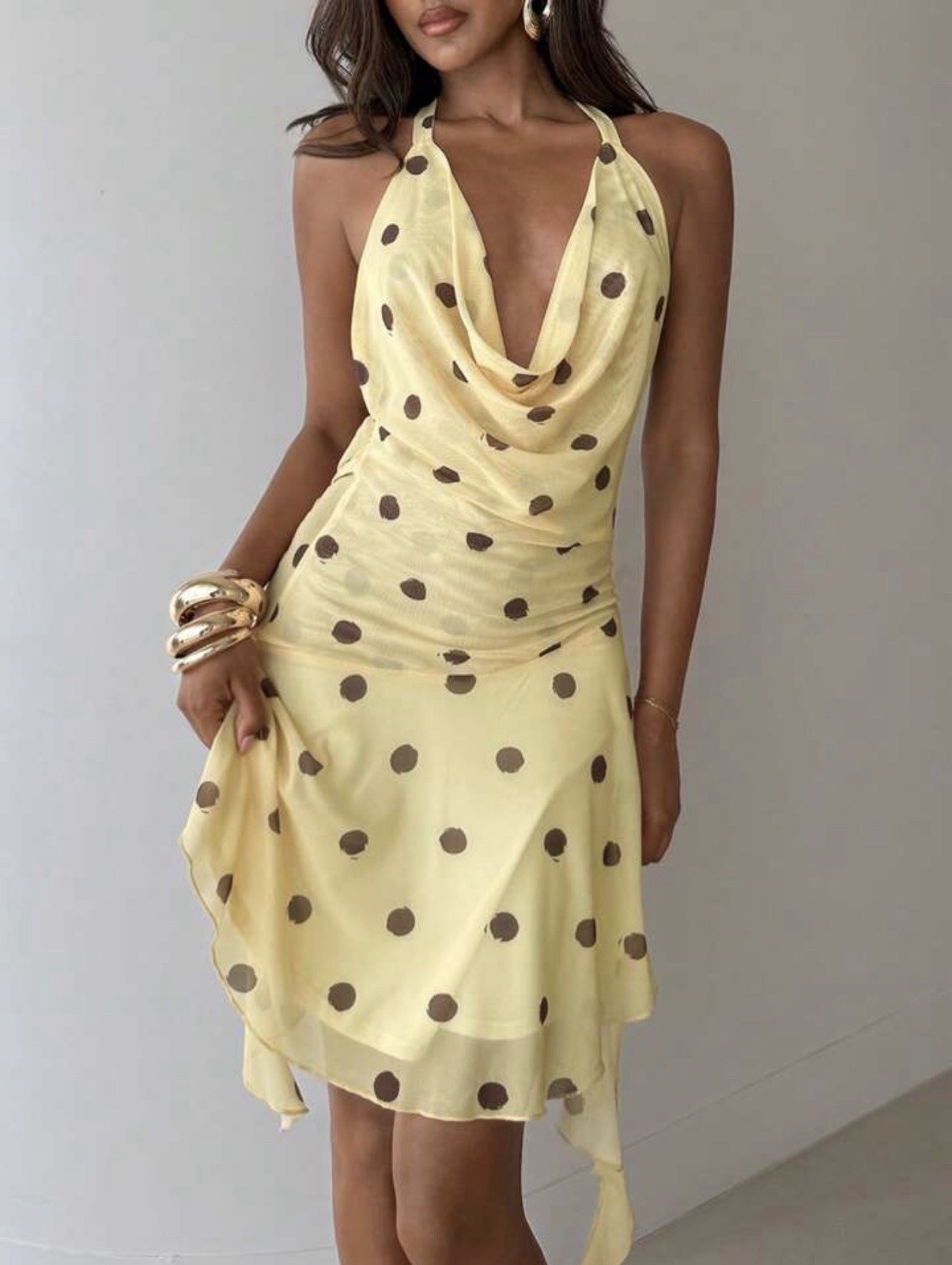 Women’s Yellow Polka Dot Halter Mini Dress – Cowl Neck Summer Sun Dress