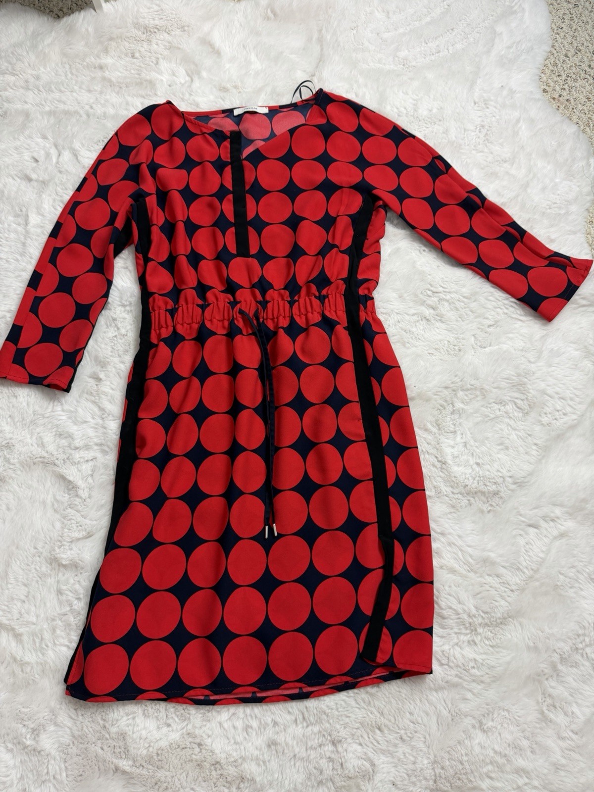Vanilia Red Blue Polka Dot Pencil Dress V-Neck 3/4 Drawstring Knee 38