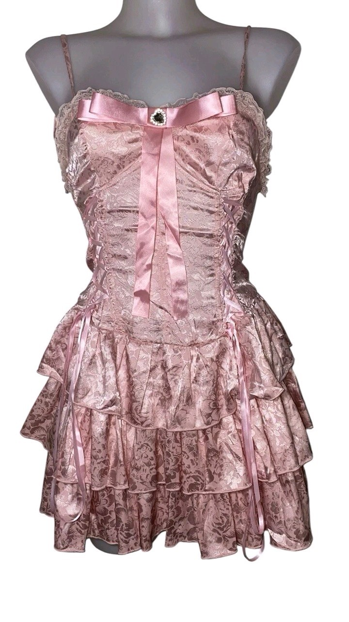 90s Y2k Style Womens Pink Lace Corset Smock Kawaii Coquette Fairycore Dress Sz L
