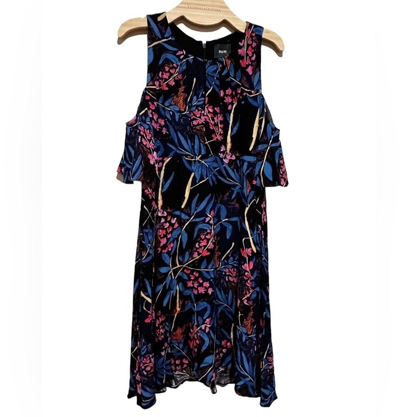 ANTHRO MAEVE ELIA NAVY MARINE MULTI COLD SHOULDER SHORT SLEEVE FLORAL DRESS 6