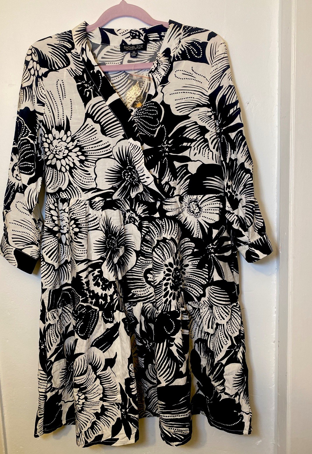 Rachael Zoe Dress Women’s Small White Black Flower 3/4 Boho Peasant Casual NWOT