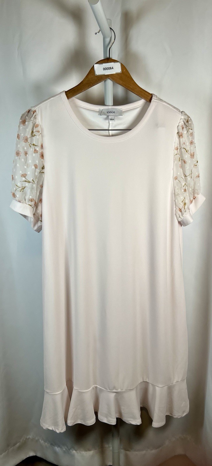 CeCe Womens L Blush Pink Shift Dress Floral Embroidered Puff Sleeve Ruffle Hem