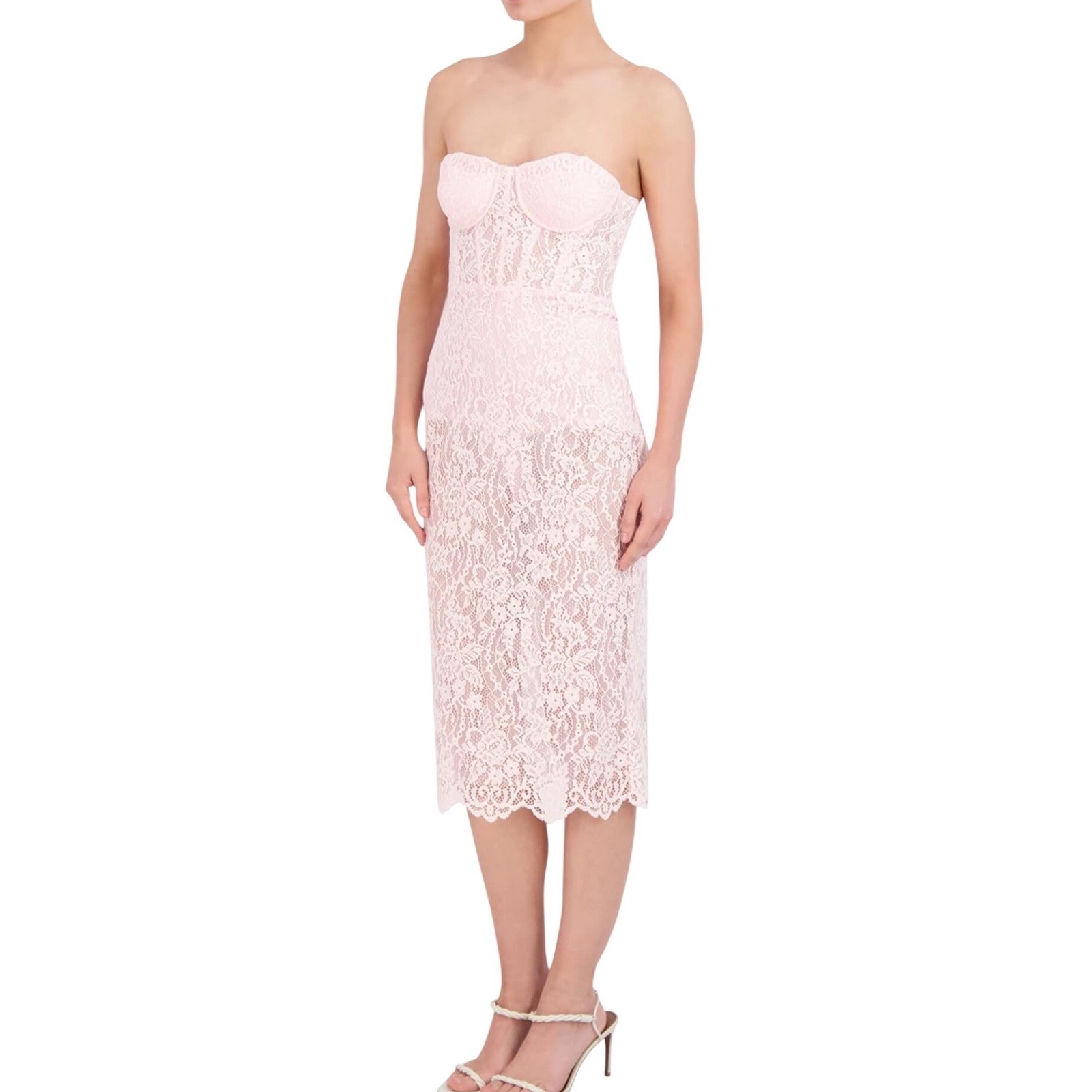 BCBG Max Azria Pink Lace Strapless Corset Sheer Midi Dress NWT Size 4