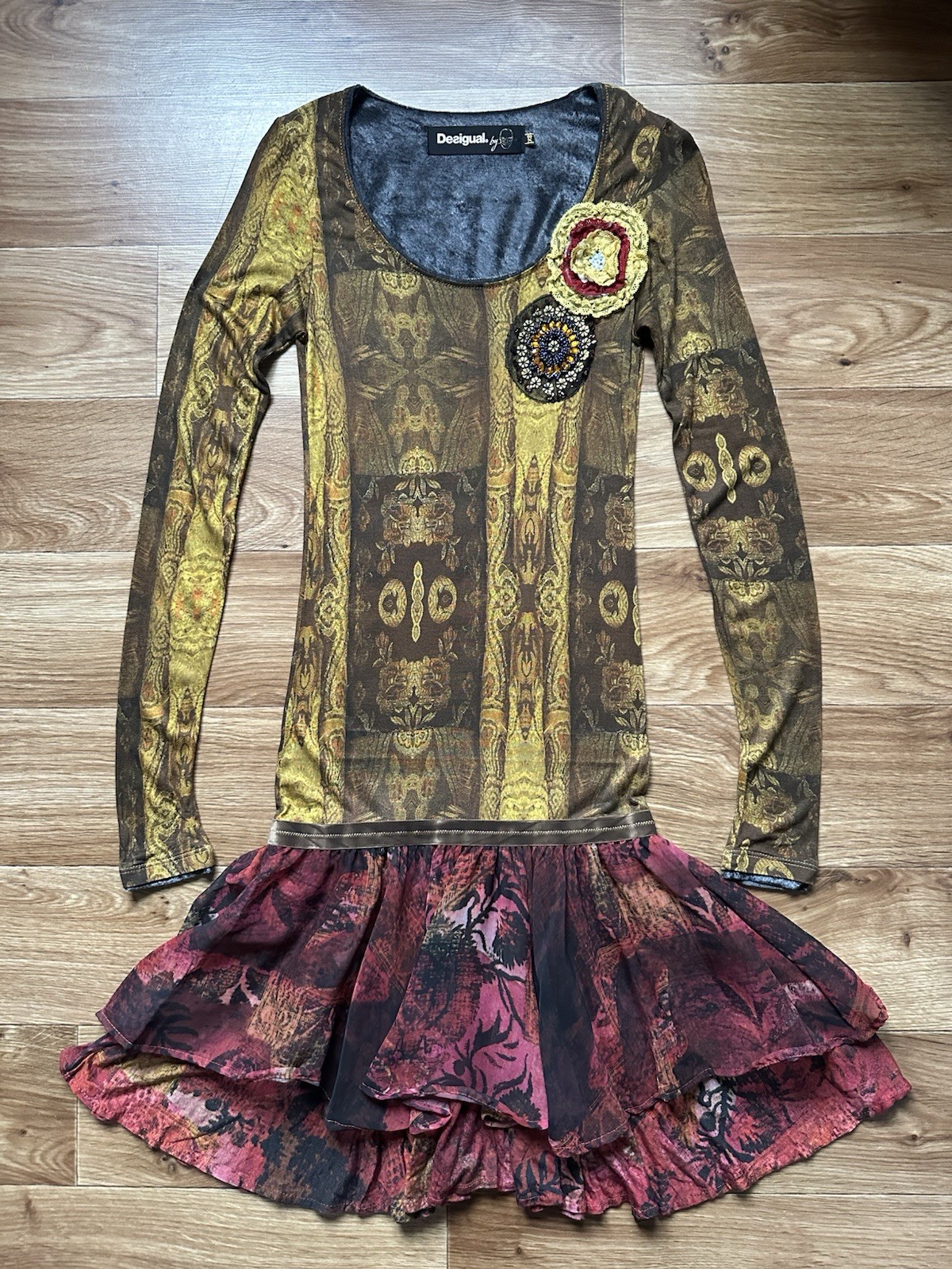 Desigual Christian Lacroix Vintage Whimsigoth 3D Rose Flower Drop Waist Dress XS