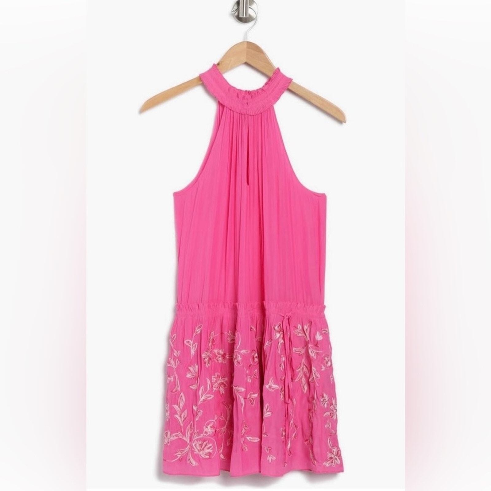 New Ramy Brook Pink Embroidered Floral “Marcel” Short Mini Dress Large Flowy