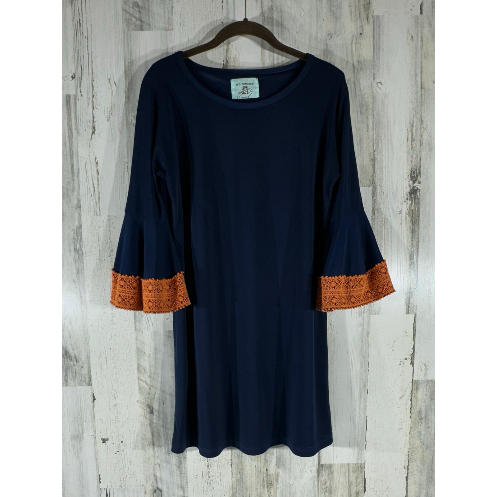 Judith March Shift Dress Size Medium Navy Blue Orange Crochet Flounce Sleeve