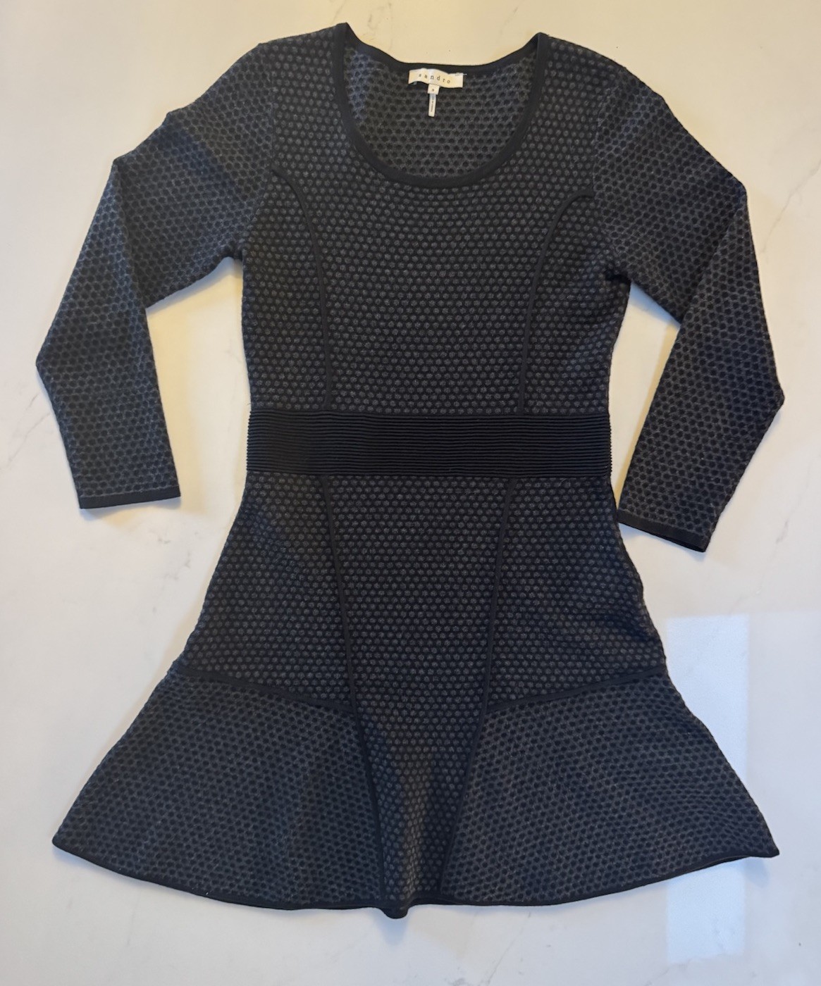 Sandro Black Geometric Knit Fit & Flare Scoop Neck Ruffle Hem Dress Size 3