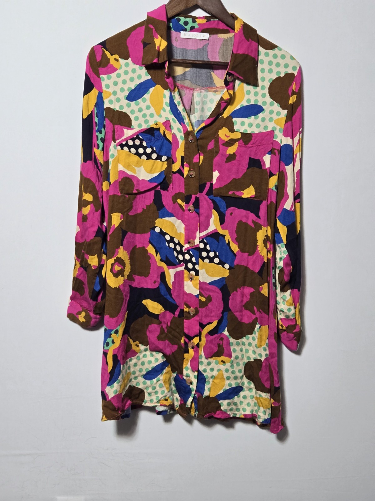 KARLIE Bold Floral Dot Shirt Dress Tunic Pop Art Colorful Button Front Retro