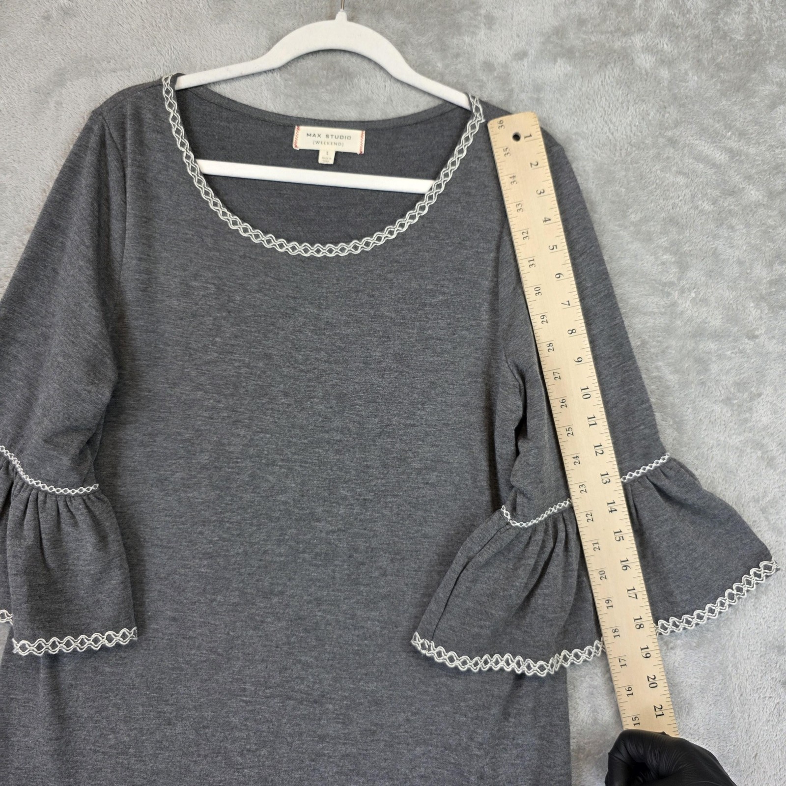 Max Studio Weekend Dress Womens Large Gray Bell Sleeve Shift Ruffle Trim