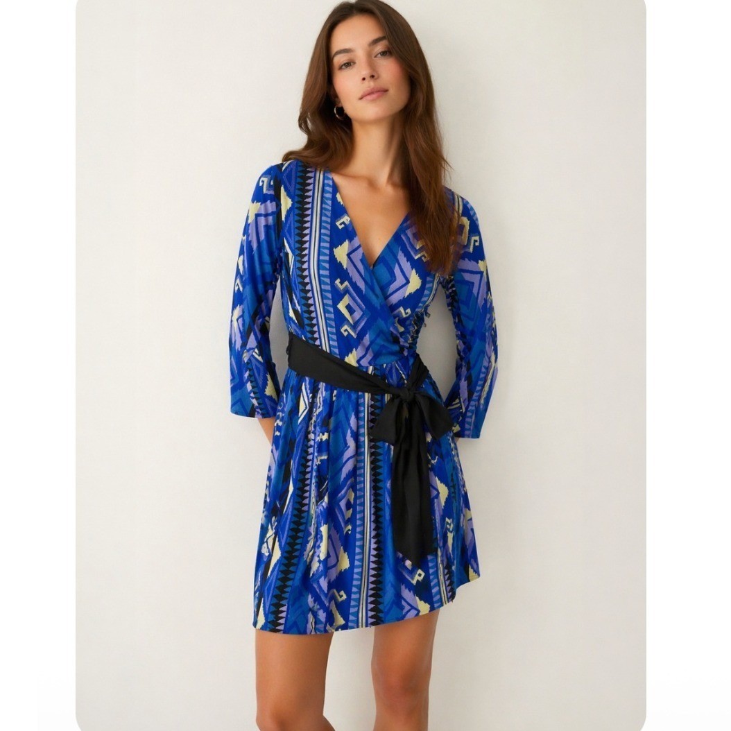 Yumi Kim Geometric Print Wrap Dress Women M Blue Tribal Boho Sash Tie V-Neck