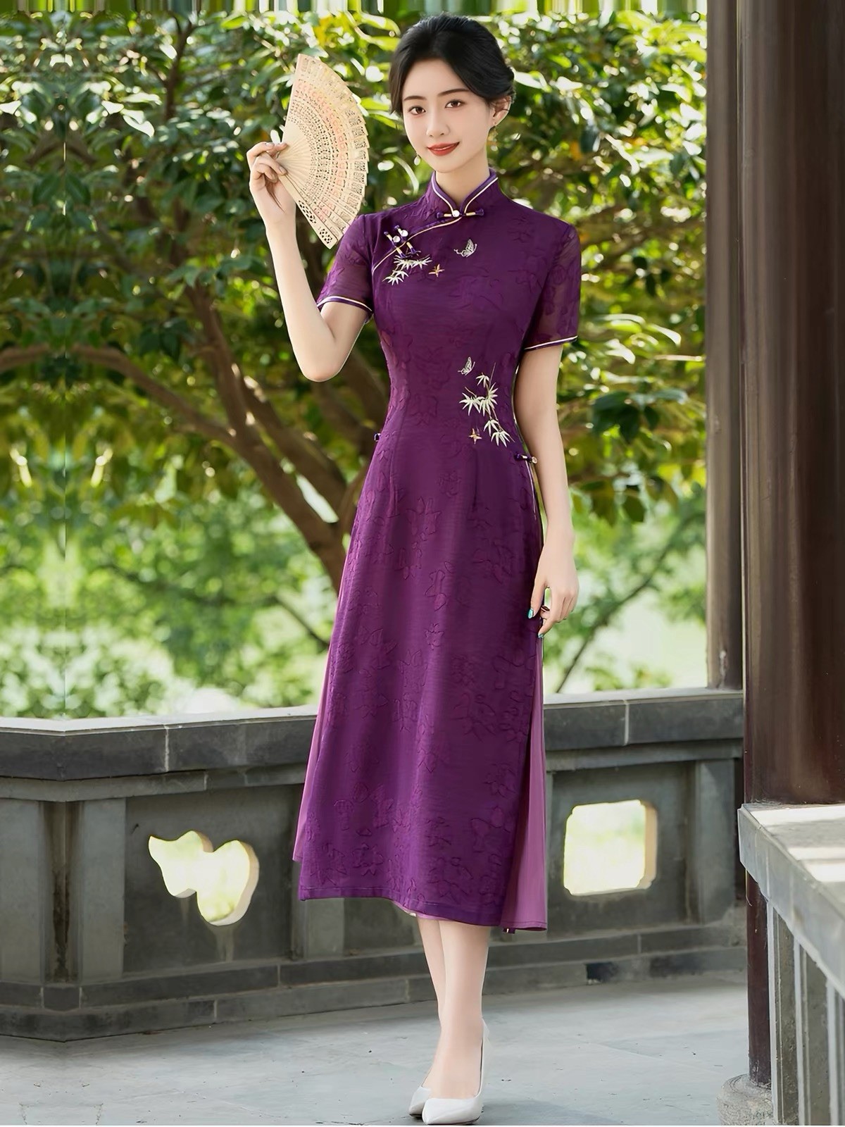A41 Women’s Purple Qipao Dress Embroidered Ao Dai Chinese Style Elegant Summer