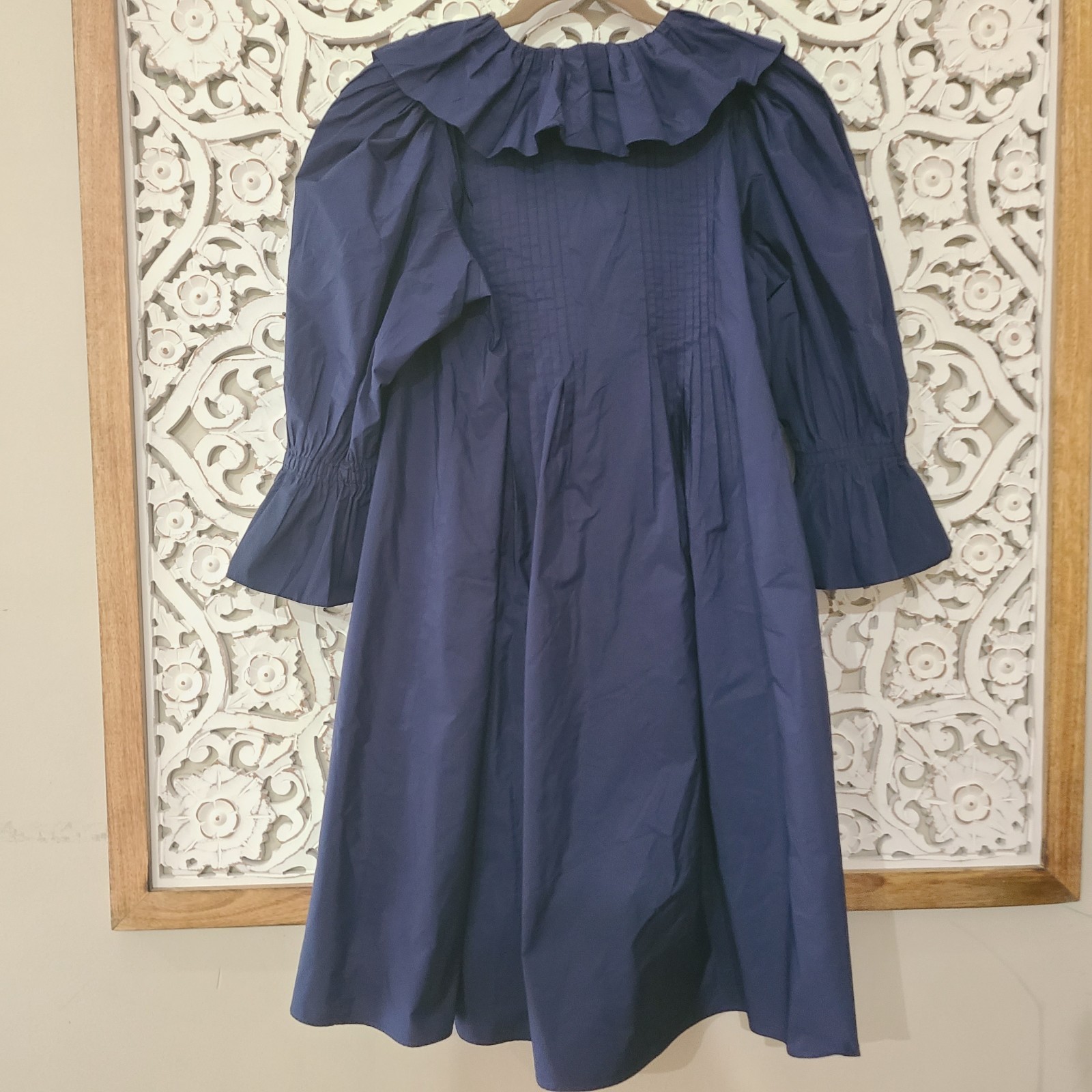 Hunter Bell Sullivan Ruffled Neck Puff Sleeve Mini Dress Navy Blue SZ Medium
