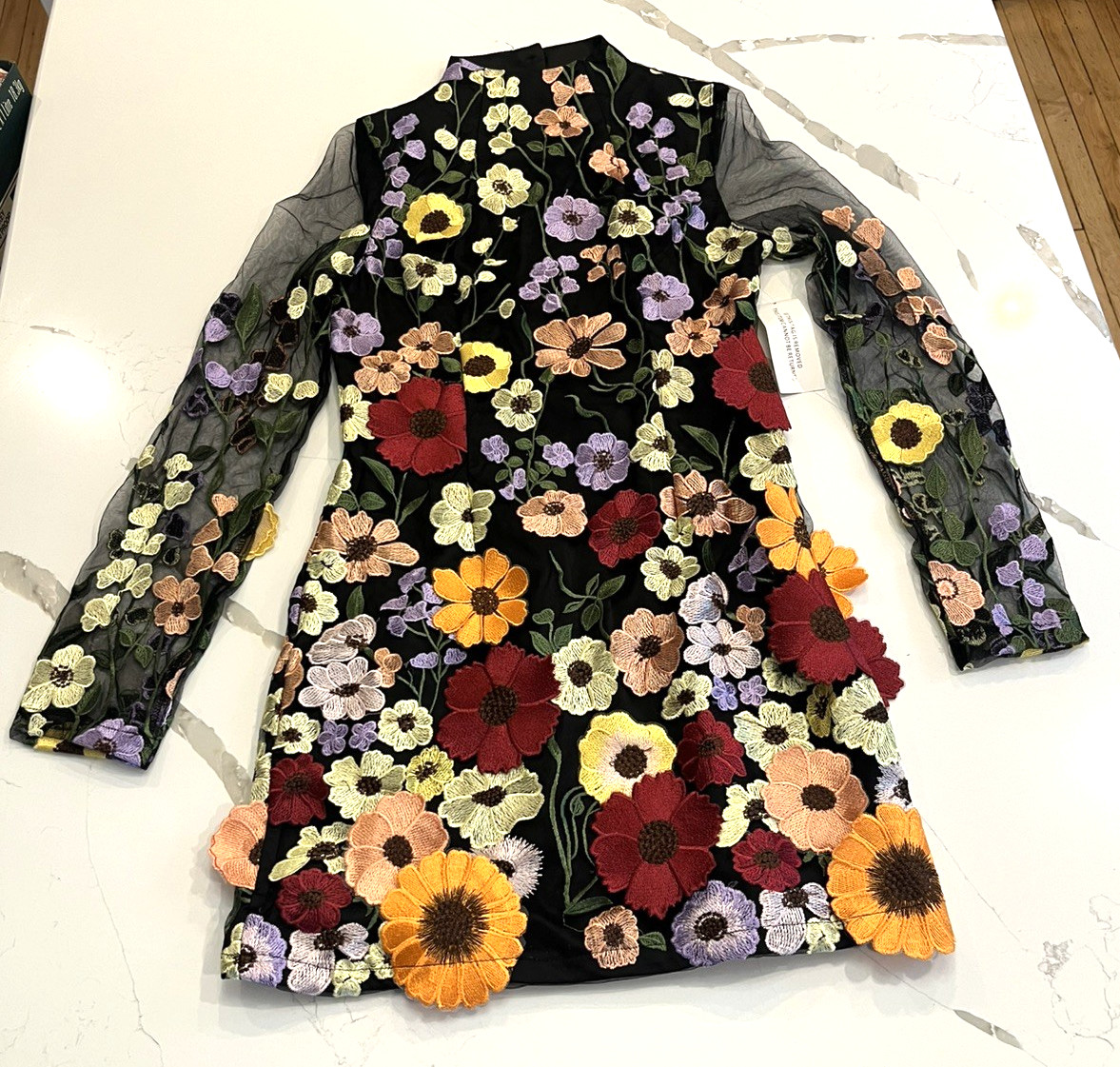 AMYLYNN Large MAEVA Floral Mini Dress Flower Black Mesh Lace Long Sleeve NWT