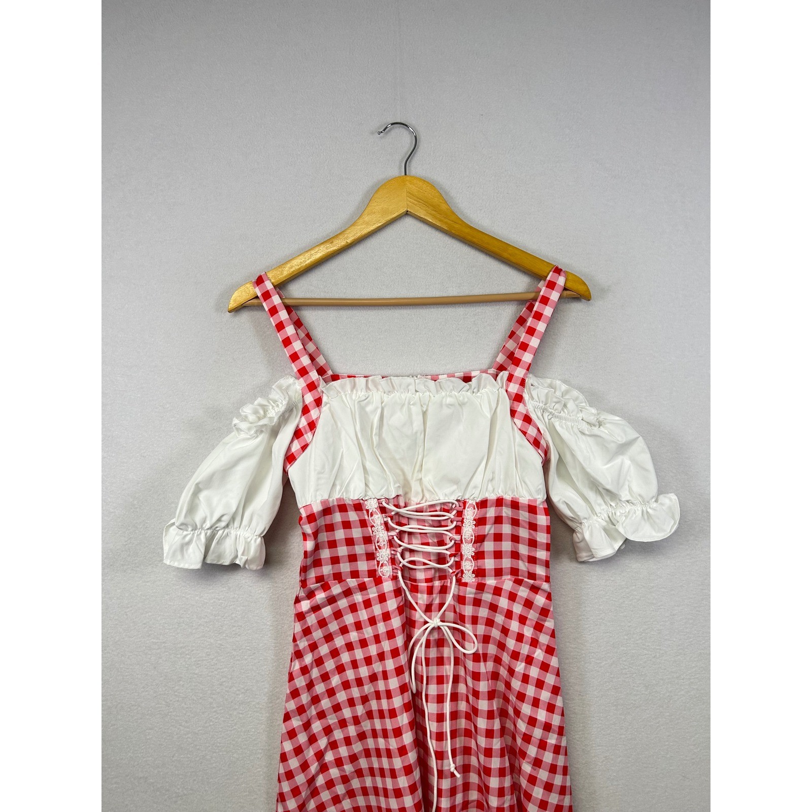 Mod Red Gingham Off Shoulder Lace Up Puff Sleeve Dress Size S NWT