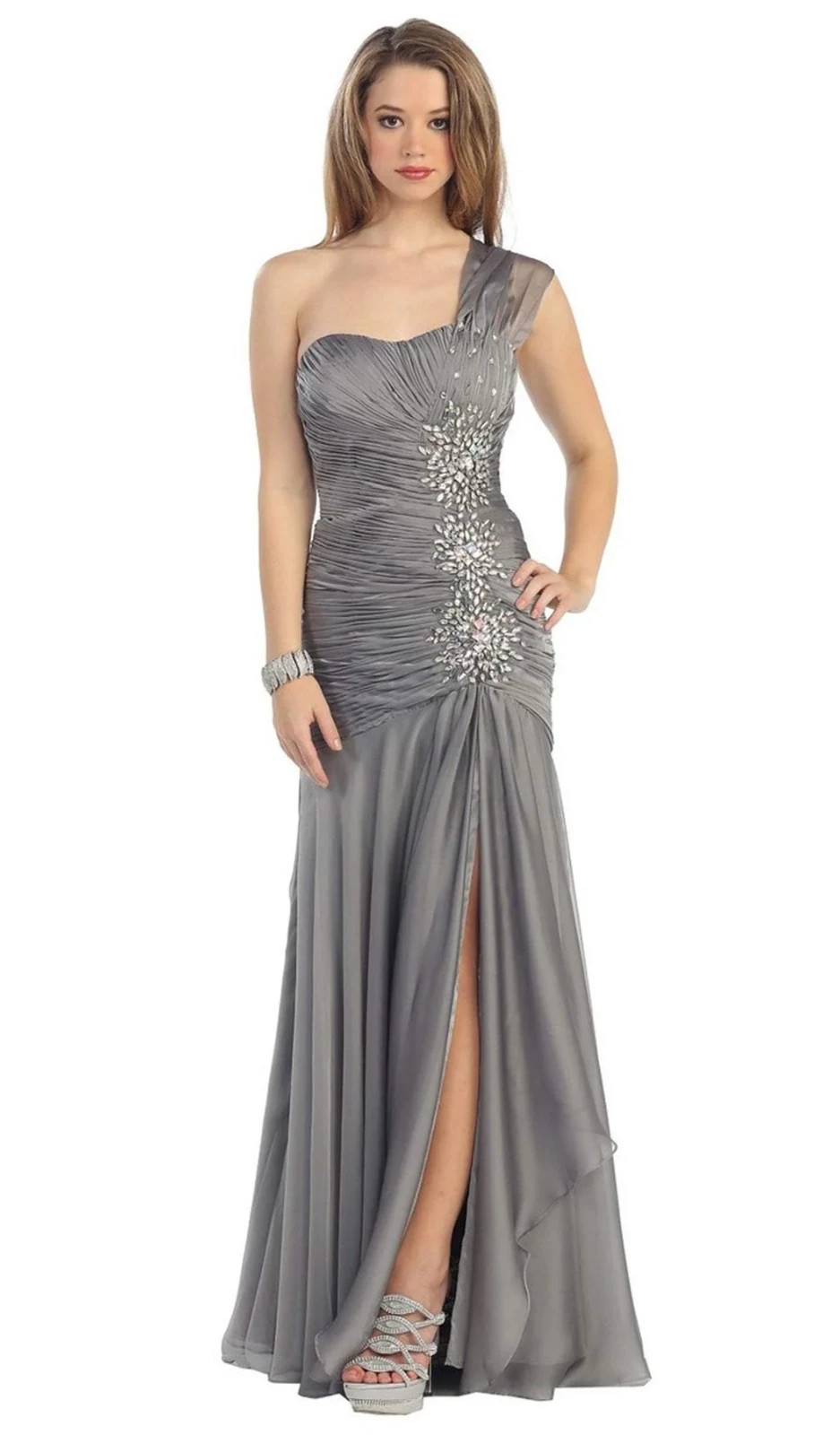 May Queen Charcoal Gray One Shoulder Embellished Beaded Chiffon Gown Size 8 $239