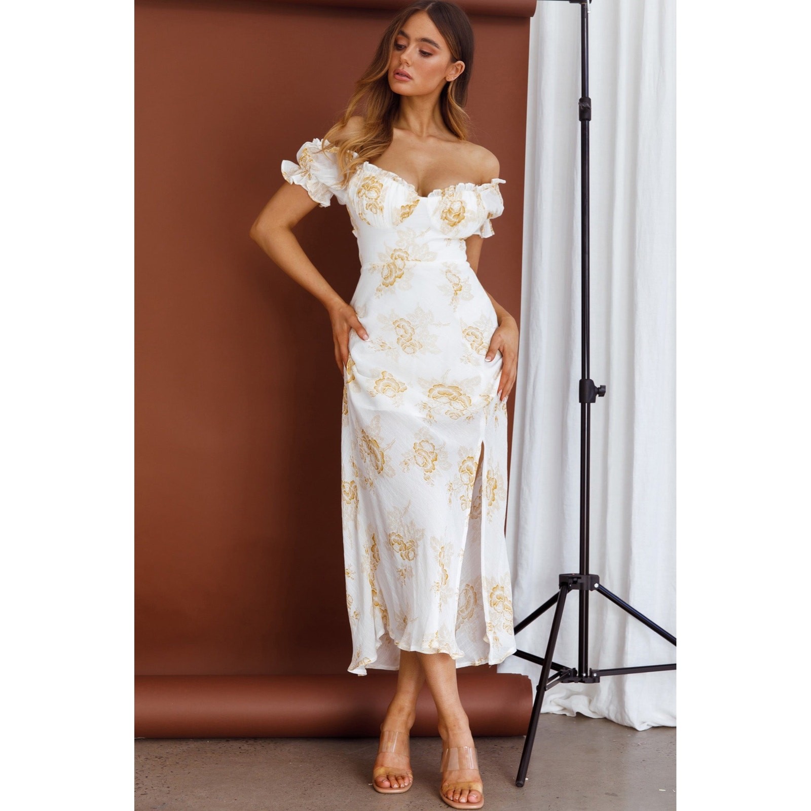 Hello Molly White & Gold Floral Off Shoulder Cutout Midi Dress Size L