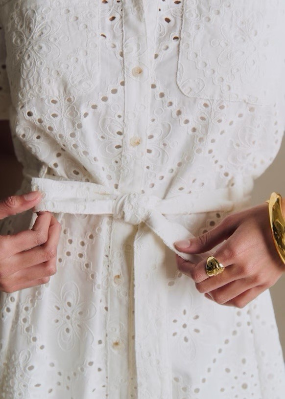 Sezane Adele Short Sleeve Embroidered Midi Dress Eyelet Collar Ecru FR 36 US 4