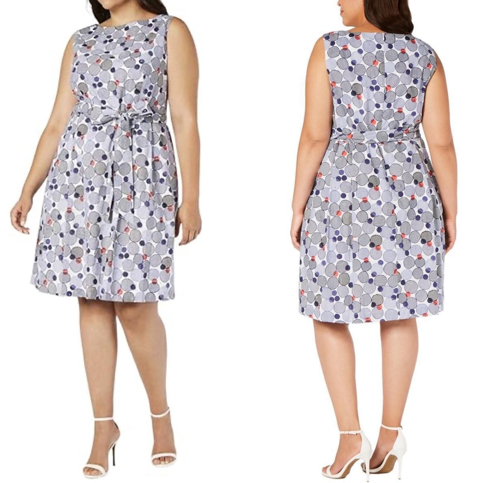 Anne Klein Floral Geometric Striped Eyelet Belted Fit and Flare Dress 14W NWT