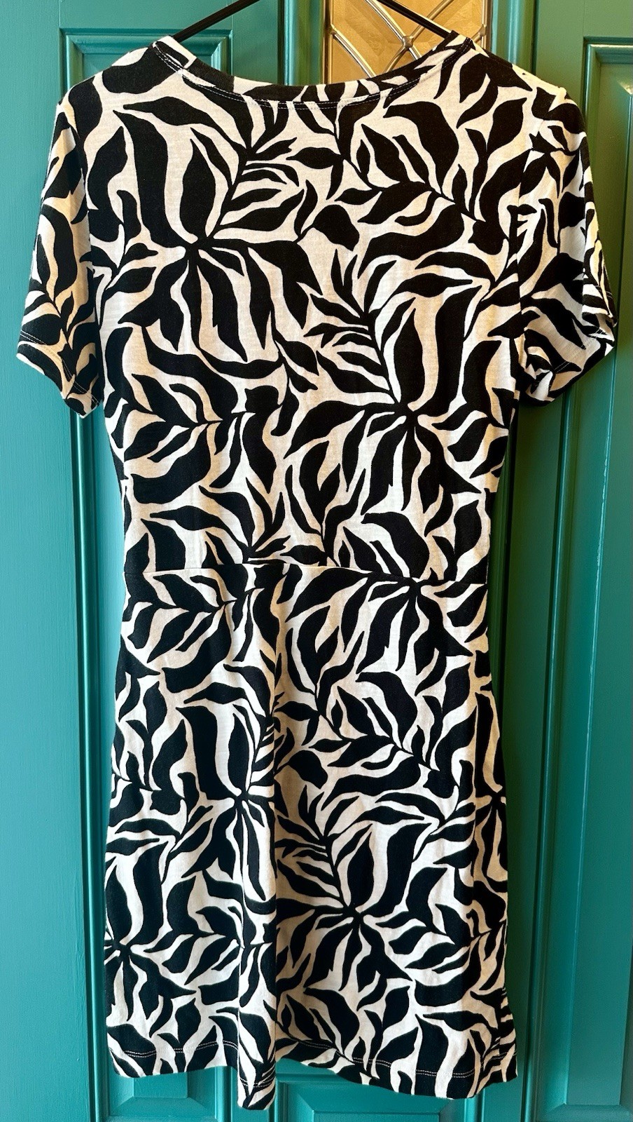 Loft Black White Tropical Palm Leaf Faux Wrap Dress Sz Medium Short Sleeve