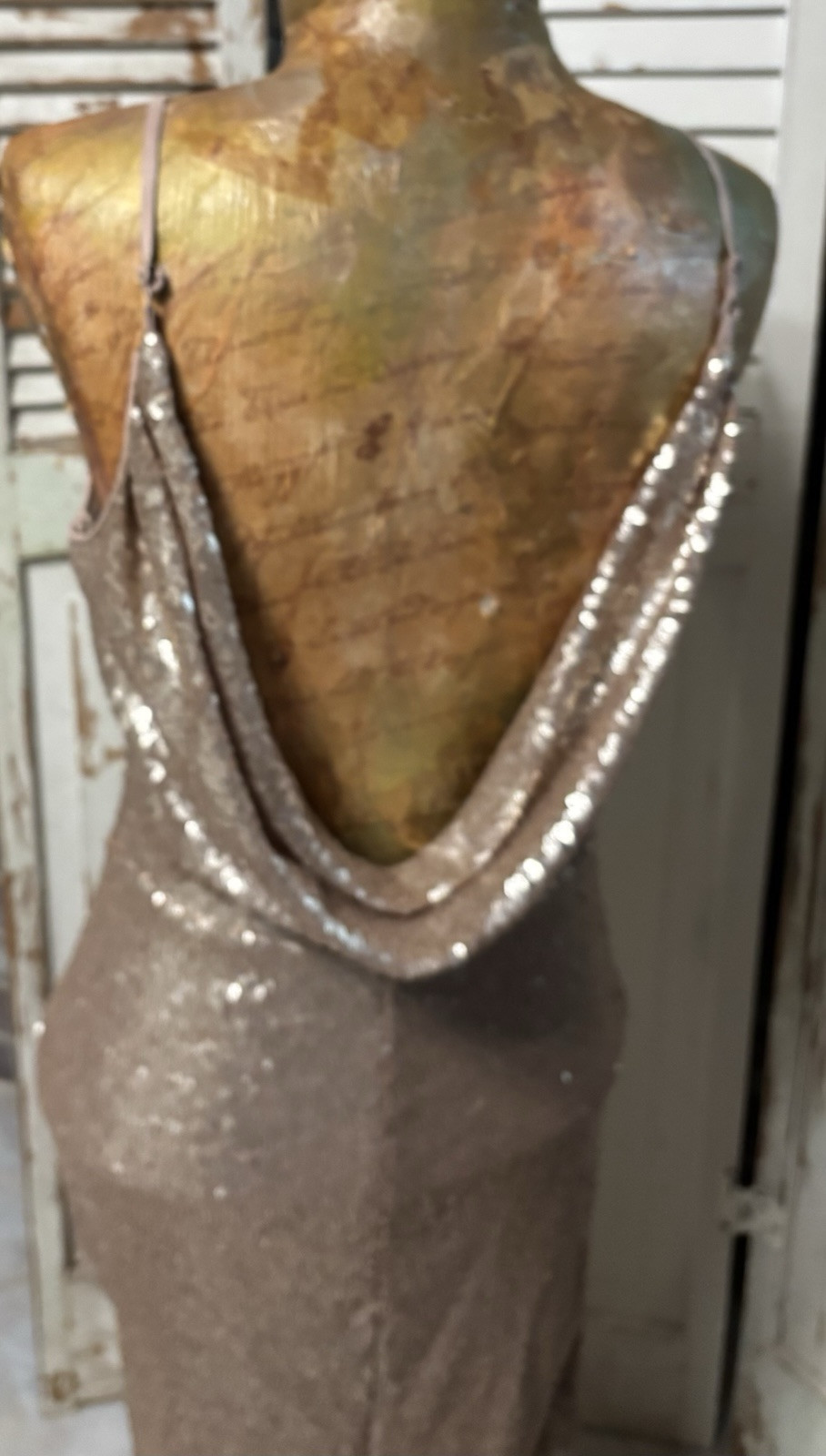 Lulu’s Rose Gold Sequin Sleeveless Open Back High Neck Formal Maxi Gown S