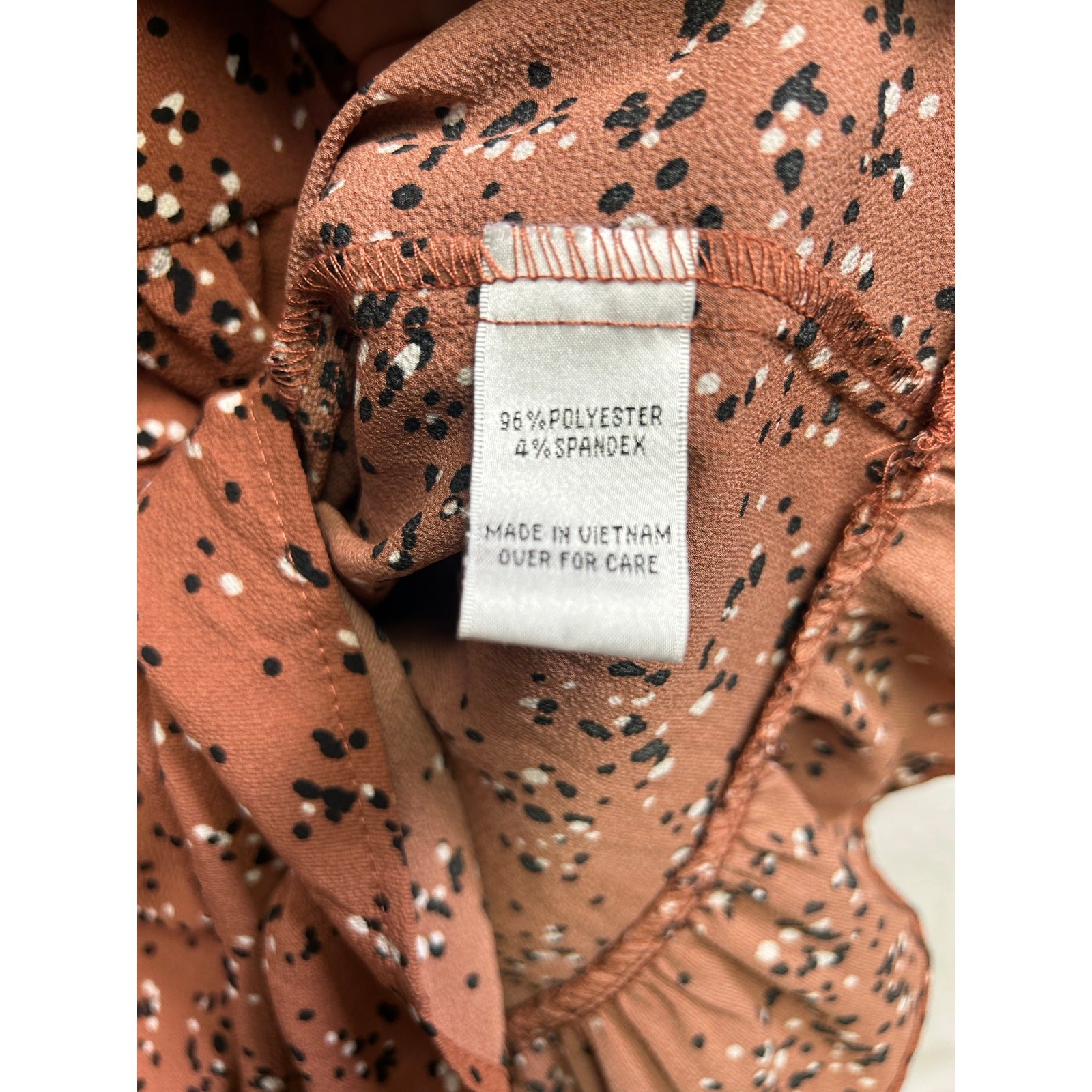 Boho Feminine Brannan Brown Dress – Rust with Black & White Dots, Size L