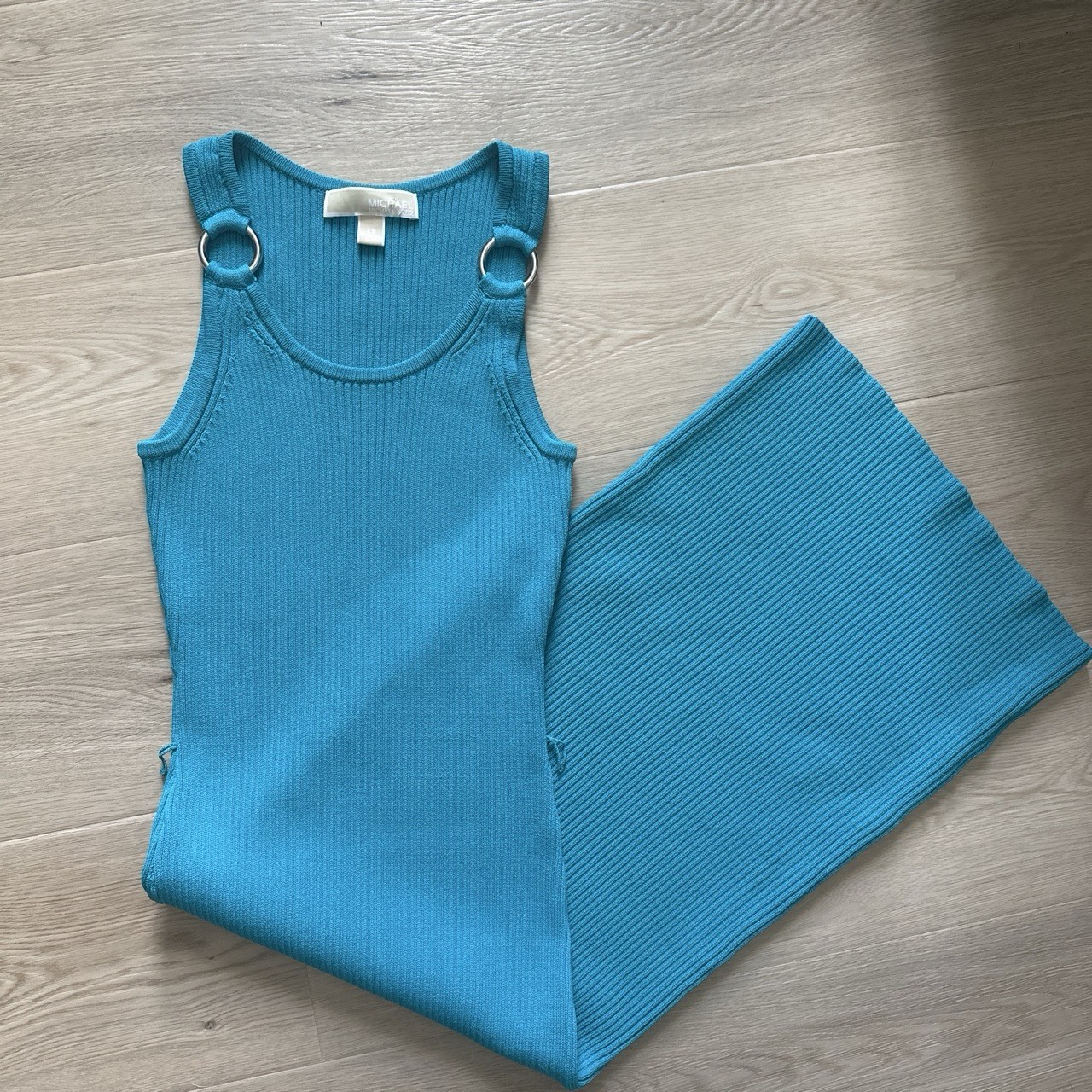 Michael Kors Teal Turquoise Bodycon Midi Dress Silver O Rings Size XS