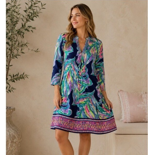 Lilly Pulitzer Margate Dress Bright Navy Dont Leave Me Hanging Floral Large NWT