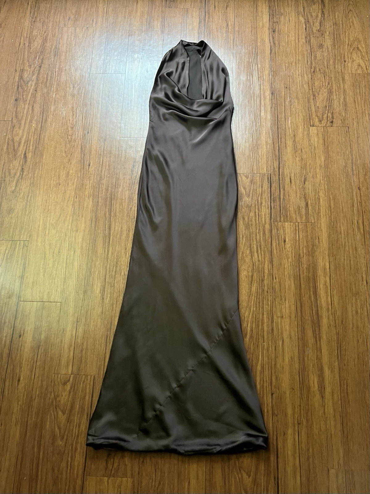 Norma Kamali Halter Drape Bias Gown Size XS Brown Satin Fishtail Hem Bridal Gala