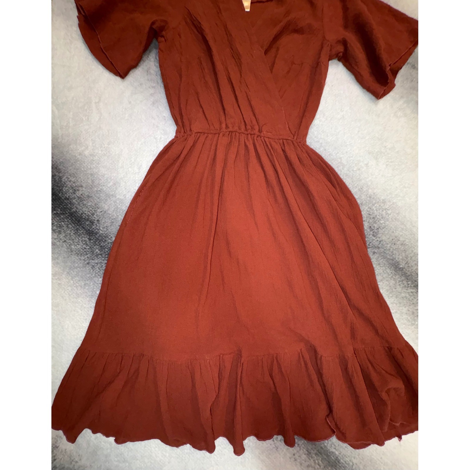 (S) Origin Mexico Rust Brown Artisanal Handmade Wrap Ruffle Midi Dress Womens M